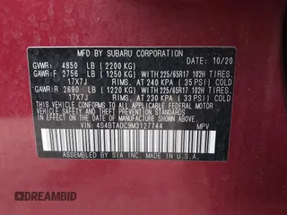 2021 Subaru Outback Premium с VIN 4S4BTADC9M3127744, выставлен на аукционе IAAI как лот 42403047 с пробегом 52 498 миль миль и . История ставок и продаж доступна на DreamBid. Изображение 9.