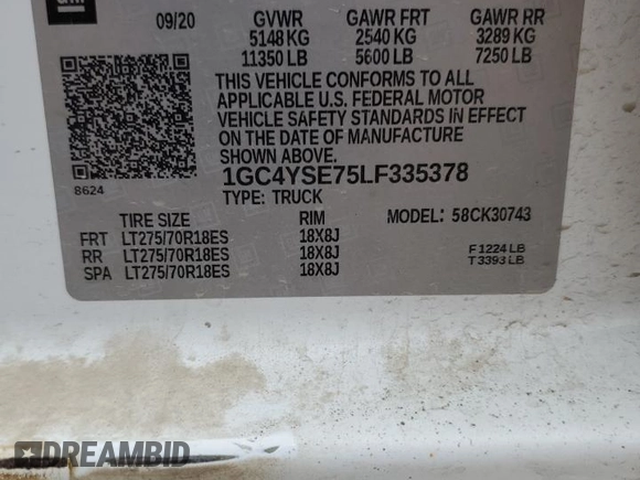 2020 Chevrolet Silverado 3500HD Work Truck with VIN 1GC4YSE75LF335378, listed as a Copart auction lot 76941554 with 87,394 mi miles and Salvage Title. Bid and sale history available at carsss.com. Image 12.