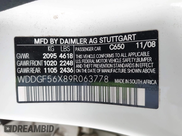 2009 Mercedes-Benz C-Class 3.5L Sport with VIN WDDGF56X89R063778, listed as a IAAI auction lot 42063607 with 107,733 mi miles. Bid and sale history available at carsss.com. Image 9.