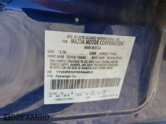 2009 Mazda 6 i Sport with VIN 1YVHP81H195M44662, listed as a Copart auction lot 79431844 with 62,733 mi miles and Salvage Title. Bid and sale history available at carsss.com. Image 12.