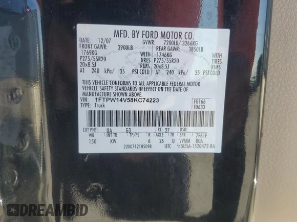 2008 Ford F-150 XLT z VIN 1FTPW14V58KC74223, wystawiony jako Copart lot #64938185 z przebiegiem 86 067 mil mil oraz Szkoda całkowita • Salvage title. Historia ofert i sprzedaży dostępna na DreamBid. Obrazek 12.