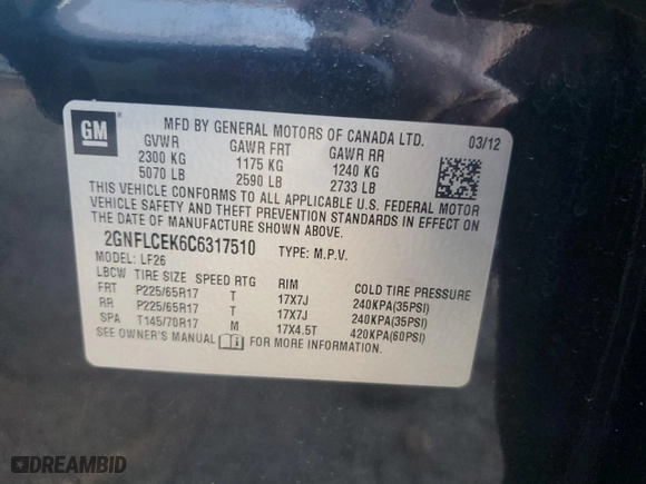 2012 Chevrolet Equinox LS with VIN 2GNFLCEK6C6317510, listed as a Copart auction lot 49255865 with 179,300 mi miles and Clean Title. Bid and sale history available at carsss.com. Image 13.