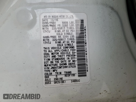 2017 Nissan Rogue SV z VIN JN8AT2MT2HW137529, wystawiony jako Copart lot #51521195 z przebiegiem 125 607 mil mil oraz Szkoda całkowita • Salvage title. Historia ofert i sprzedaży dostępna na DreamBid. Obrazek 13.