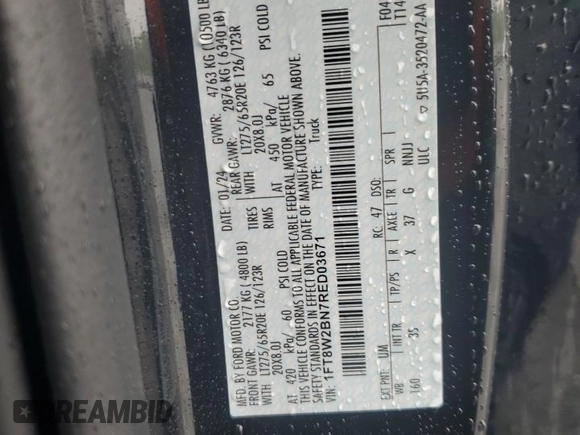 2024 Ford F-250 XL с VIN 1FT8W2BN7RED03671, выставлен на аукционе Copart как лот 56256335 с пробегом Не указан миль и Списание • Salvage title. История ставок и продаж доступна на DreamBid. Изображение 12.