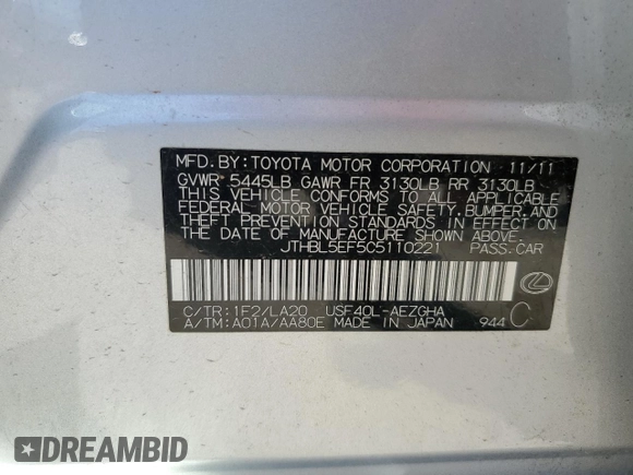 2012 Lexus LS 460 with VIN JTHBL5EF5C5110221, listed as a Copart auction lot 49319295 with 107,441 mi miles and Salvage title. Bid and sale history available at DreamBid. Image 14.