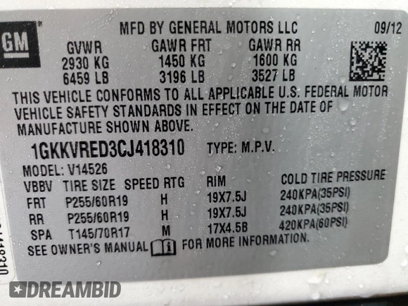 2012 GMC Acadia SLT1 with VIN 1GKKVRED3CJ418310, listed as a Copart auction lot 46987455 with 129,142 mi miles and Salvage Title. Bid and sale history available at carsss.com. Image 14.