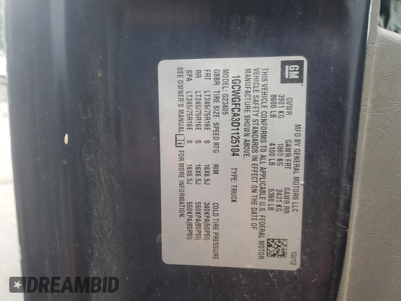 2013 Chevrolet Express Cargo with VIN 1GCWGFCA3D1125104, listed as a Copart auction lot 56348725 with Not provided miles and Salvage title. Bid and sale history available at DreamBid. Image 13.
