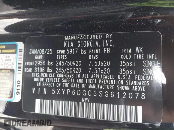 2025 Kia Telluride S with VIN 5XYP6DGC3SG612078, listed as a IAAI auction lot 42694686 with 12,167 mi miles and . Bid and sale history available at DreamBid. Image 9.