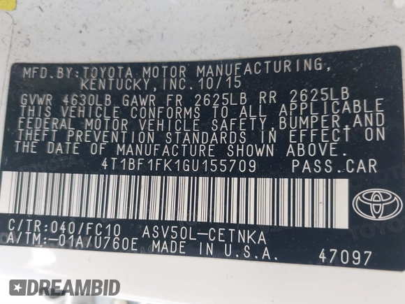 2016 Toyota Camry XLE with VIN 4T1BF1FK1GU155709, listed as a IAAI auction lot 41556465 with 159,923 mi miles and . Bid and sale history available at DreamBid. Image 9.