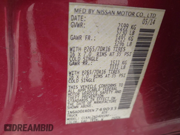 2014 Nissan Frontier SV with VIN 1N6AD0ER0EN749033, listed as a IAAI auction lot 42036166 with 152,276 mi miles and . Bid and sale history available at DreamBid. Image 9.