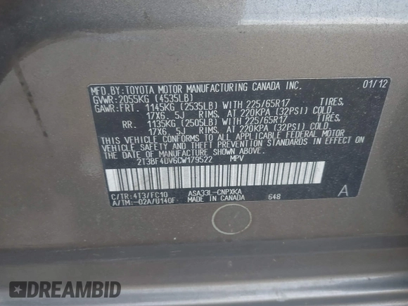 2012 Toyota RAV4 с VIN 2T3BF4DV6CW179522, выставлен на аукционе IAAI как лот 42268602 с пробегом 162 308 миль миль и . История ставок и продаж доступна на DreamBid. Изображение 9.