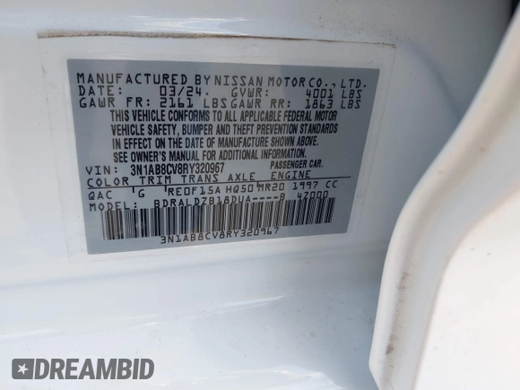 2024 Nissan Sentra SV with VIN 3N1AB8CV8RY320967, listed as a IAAI auction lot 42088012 with 8,863 mi miles and . Bid and sale history available at DreamBid. Image 9.