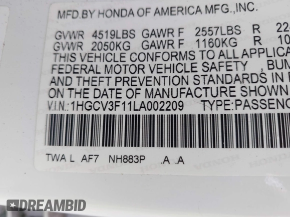 2020 Honda Accord with VIN 1HGCV3F11LA002209, listed as a IAAI auction lot 40547166 with 102,938 mi miles and . Bid and sale history available at DreamBid. Image 9.