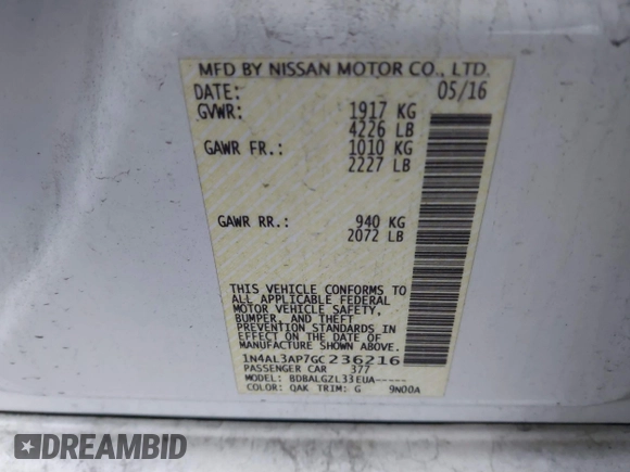 2016 Nissan Altima SR with VIN 1N4AL3AP7GC236216, listed as a IAAI auction lot 41061809 with Not provided miles and . Bid and sale history available at DreamBid. Image 9.