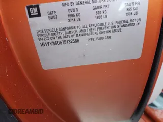 2007 Chevrolet Corvette z VIN 1G1YY36U575132586, wystawiony jako Copart lot #46569455 z przebiegiem Nie podano mil oraz Szkoda całkowita • Salvage title. Historia ofert i sprzedaży dostępna na DreamBid. Obrazek 13.