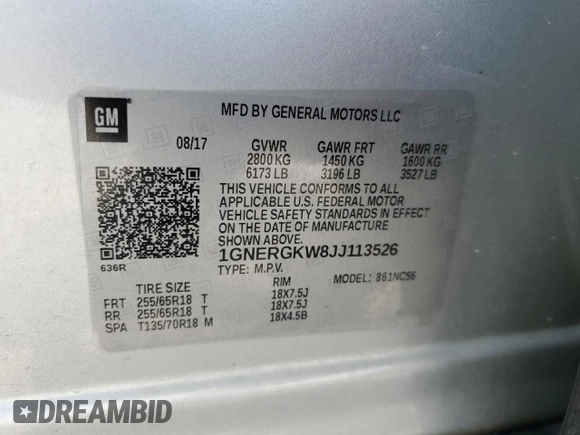 2018 Chevrolet Traverse LT Cloth z VIN 1GNERGKW8JJ113526, wystawiony jako Copart lot #59633295 z przebiegiem 111 066 mil mil oraz Szkoda całkowita • Salvage title. Historia ofert i sprzedaży dostępna na DreamBid. Obrazek 13.