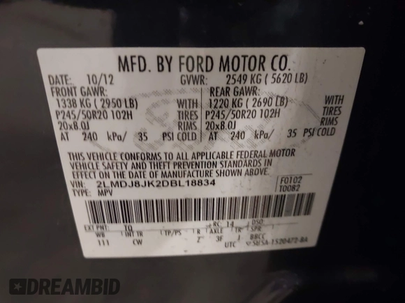 2013 Lincoln MKX with VIN 2LMDJ8JK2DBL18834, listed as a IAAI auction lot 41898580 with 147,543 mi miles and . Bid and sale history available at DreamBid. Image 9.