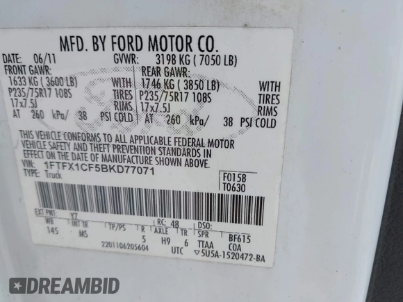 2011 Ford F-150 XL with VIN 1FTFX1CF5BKD77071, listed as a IAAI auction lot 42340871 with Not provided miles and . Bid and sale history available at DreamBid. Image 9.