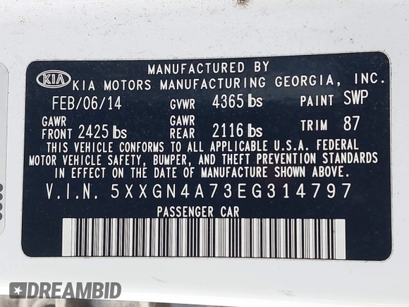 2014 Kia Optima EX with VIN 5XXGN4A73EG314797, listed as a IAAI auction lot 42136952 with 71,310 mi miles and . Bid and sale history available at carsss.com. Image 9.