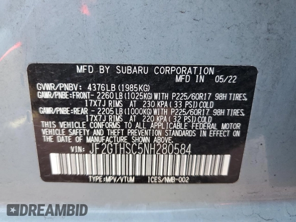 2022 Subaru Crosstrek Special Sports z VIN JF2GTHSC5NH280584, wystawiony jako Copart lot #57972645 z przebiegiem 8 385 mil mil oraz Szkoda całkowita • Salvage title. Historia ofert i sprzedaży dostępna na DreamBid. Obrazek 14.