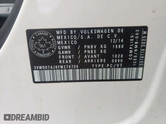 2015 Volkswagen Jetta SE z VIN 3VWD07AJ8FM276706, wystawiony jako Copart lot #55853025 z przebiegiem 187 126 mil mil oraz Szkoda całkowita • Salvage title. Historia ofert i sprzedaży dostępna na DreamBid. Obrazek 12.