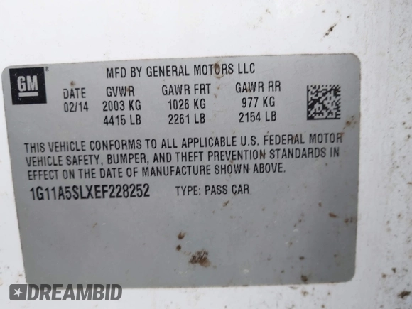 2014 Chevrolet Malibu LS with VIN 1G11A5SLXEF228252, listed as a IAAI auction lot 41858568 with 313,151 mi miles and . Bid and sale history available at DreamBid. Image 9.