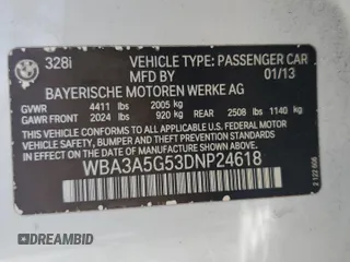 2013 BMW 3 Series 328i с VIN WBA3A5G53DNP24618, выставлен на аукционе Copart как лот 61731845 с пробегом 207 434 миль миль и Списание • Salvage title. История ставок и продаж доступна на DreamBid. Изображение 12.