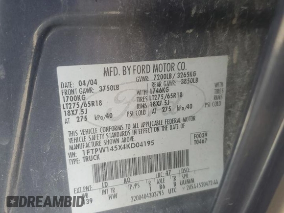 2004 Ford F-150 XLT z VIN 1FTPW145X4KD04195, wystawiony jako Copart lot #53318045 z przebiegiem Nie podano mil oraz Szkoda całkowita • Salvage title. Historia ofert i sprzedaży dostępna na DreamBid. Obrazek 12.