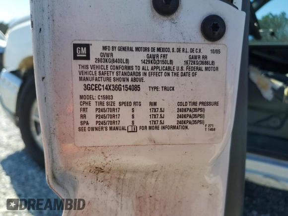 2006 Chevrolet Silverado 1500 Work Truck with VIN 3GCEC14X36G154085, listed as a Copart auction lot 49243055 with 239,106 mi miles and Salvage Title. Bid and sale history available at DreamBid. Image 14.
