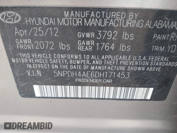 2013 Hyundai Elantra Limited с VIN 5NPDH4AE6DH171453, выставлен на аукционе IAAI как лот 42198633 с пробегом 183 190 миль миль и . История ставок и продаж доступна на DreamBid. Изображение 9.