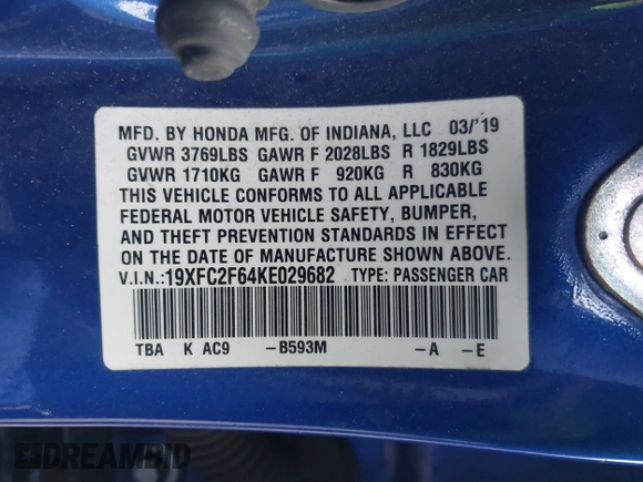 2019 Honda Civic Sedan LX with VIN 19XFC2F64KE029682, listed as a IAAI auction lot 41806403 with 110,611 mi miles. Bid and sale history available at carsss.com. Image 9.