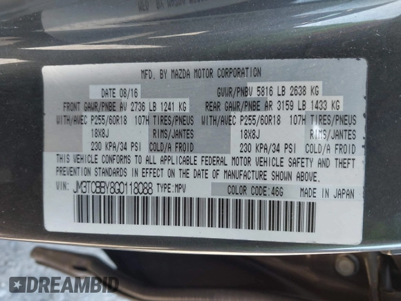 2016 Mazda CX-9 Sport with VIN JM3TCBBY8G0118088, listed as a IAAI auction lot 41710275 with 128,400 mi miles. Bid and sale history available at carsss.com. Image 9.