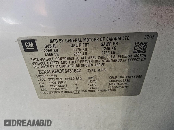 2015 GMC Terrain SLE with VIN 2GKALREK3F6431642, listed as a Copart auction lot 52639055 with 147,209 mi miles and Clean Title. Bid and sale history available at DreamBid. Image 13.