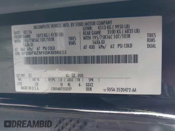 2016 Ford Transit with VIN 1FDBF9ZM1GKB56933, listed as a IAAI auction lot 41761280 with 190,735 mi miles and . Bid and sale history available at DreamBid. Image 9.