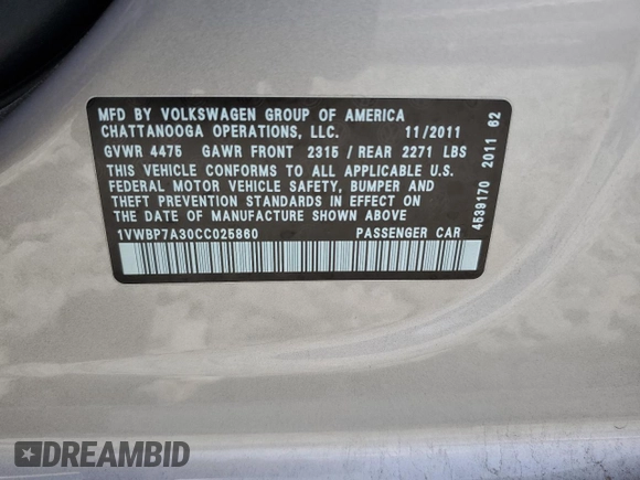 2012 Volkswagen Passat SE с VIN 1VWBP7A30CC025860, выставлен на аукционе Copart как лот 56124875 с пробегом 146 207 миль миль и Списание • Salvage title. История ставок и продаж доступна на DreamBid. Изображение 12.