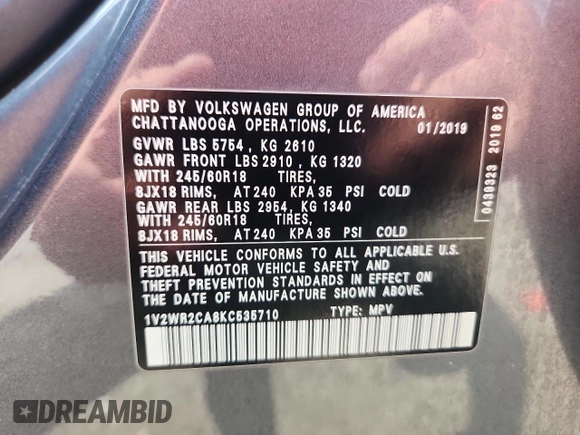 2019 Volkswagen Atlas SE с VIN 1V2WR2CA8KC535710, выставлен на аукционе Copart как лот 63917105 с пробегом 189 919 миль миль и Чистый • Clean title. История ставок и продаж доступна на DreamBid. Изображение 12.