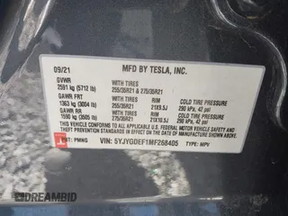 2021 Tesla Model Y Performance with VIN 5YJYGDEF1MF268405, listed as a IAAI auction lot 41818331 with 43,621 mi miles and . Bid and sale history available at DreamBid. Image 9.