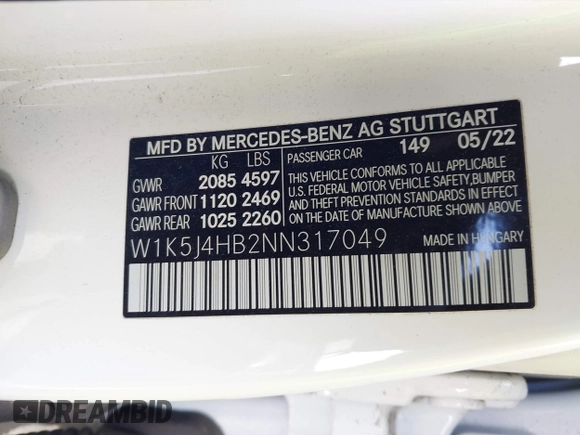 2022 Mercedes-Benz CLA 250 with VIN W1K5J4HB2NN317049, listed as a IAAI auction lot 41056166 with 8,843 mi miles and . Bid and sale history available at DreamBid. Image 9.