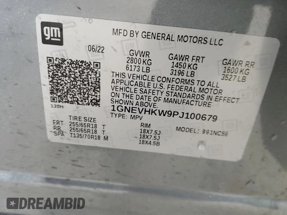 2023 Chevrolet Traverse LT with VIN 1GNEVHKW9PJ100679, listed as a Copart auction lot 62877185 with 38,484 mi miles and Salvage title. Bid and sale history available at DreamBid. Image 13.