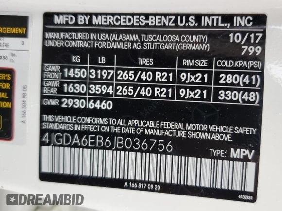 2018 Mercedes-Benz GLE 43 AMG with VIN 4JGDA6EB6JB036756, listed as a Copart auction lot 60999365 with 48,314 mi miles and Salvage title. Bid and sale history available at DreamBid. Image 13.