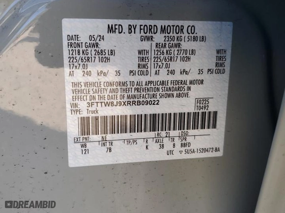 2024 Ford Maverick XLT with VIN 3FTTW8J9XRRB09022, listed as a Copart auction lot 49846685 with 7,538 mi miles and Salvage Title. Bid and sale history available at carsss.com. Image 14.