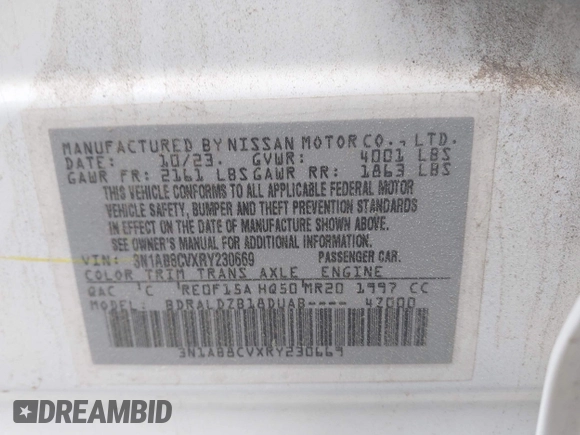 2024 Nissan Sentra SV with VIN 3N1AB8CVXRY230669, listed as a IAAI auction lot 41918791 with 46,000 mi miles and . Bid and sale history available at DreamBid. Image 9.