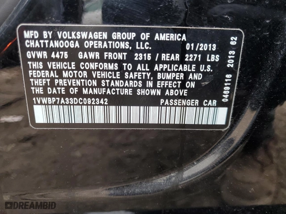 2013 Volkswagen Passat SE with VIN 1VWBP7A33DC092342, listed as a Copart auction lot 45285785 with 0 mi miles and Salvage Title. Bid and sale history available at carsss.com. Image 12.