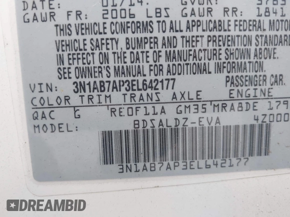 2014 Nissan Sentra S with VIN 3N1AB7AP3EL642177, listed as a IAAI auction lot 42022129 with 153,289 mi miles and . Bid and sale history available at DreamBid. Image 9.