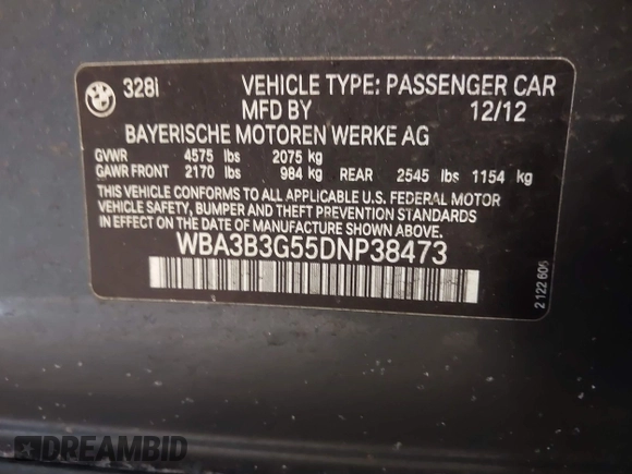 2013 BMW 3 Series 328i xDrive with VIN WBA3B3G55DNP38473, listed as a IAAI auction lot 41278450 with 130,495 mi miles. Bid and sale history available at carsss.com. Image 9.