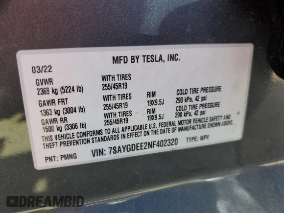 2022 Tesla Model Y Long Range with VIN 7SAYGDEE2NF402320, listed as a Copart auction lot 50396605 with 27,426 mi miles and Salvage Title. Bid and sale history available at DreamBid. Image 13.