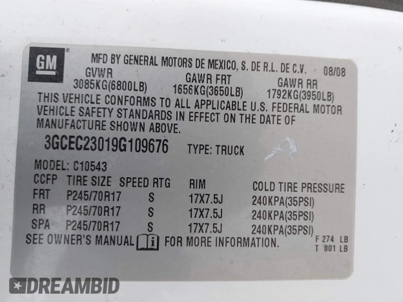 2009 Chevrolet Silverado 1500 LT with VIN 3GCEC23019G109676, listed as a IAAI auction lot 41947720 with 224,517 mi miles. Bid and sale history available at carsss.com. Image 9.