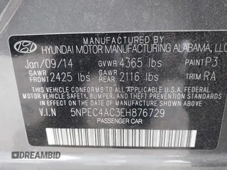 2014 Hyundai Sonata SE with VIN 5NPEC4AC3EH876729, listed as a IAAI auction lot 42040799 with 50,395 mi miles and . Bid and sale history available at DreamBid. Image 9.