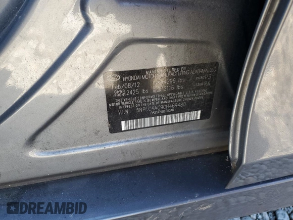 2012 Hyundai Sonata Limited with VIN 5NPEC4AC9CH469480, listed as a Copart auction lot 42387105 with 124,526 mi miles and Salvage Title. Bid and sale history available at carsss.com. Image 15.