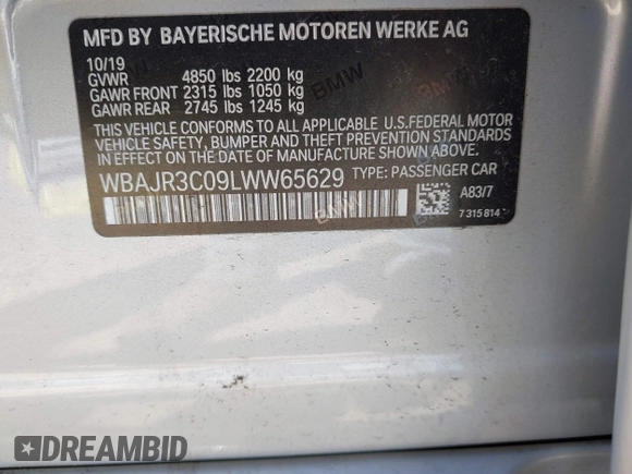 2020 BMW 5 Series 530i with VIN WBAJR3C09LWW65629, listed as a IAAI auction lot 41827147 with 24,324 mi miles and . Bid and sale history available at DreamBid. Image 9.